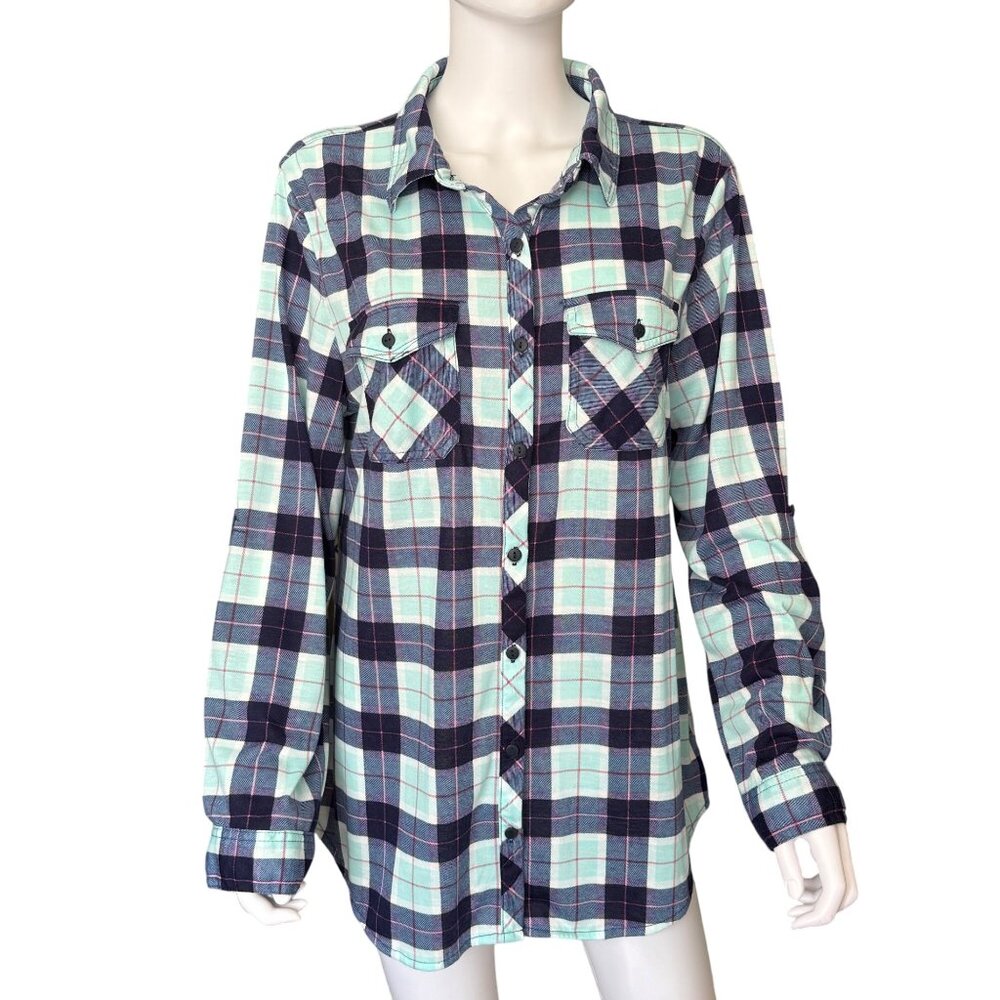 White Mark Plaid Light Blue & Navy Button-Up Shirt Long Sleeves Womens Size XL